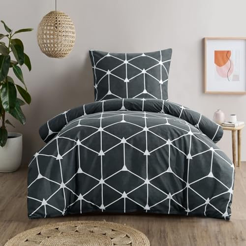 RUIKASI Bettwäsche 155x220 2 teilig Anthrazit - Bettbezug 155 x 220 Set mit Geometrie Muster, Bettwäsche-Sets 155x220cm aus Mikrofaser mit Reißverschluss Weich und Bügelfrei