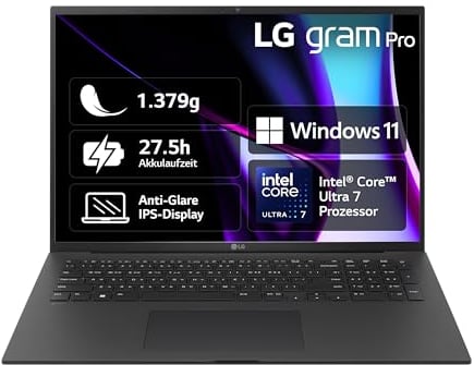 2024 LG gram Pro 17 Zoll Notebook - 1379g Intel Core Ultra7, NVIDIA RTX3050 Laptop (32GB RAM, 2TB Dual SSD, 27h Akkulaufzeit, IPS Panel Anti-Glare Display, Win 11 Home) - Schwarz