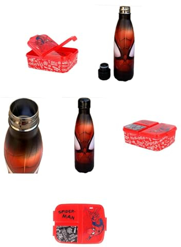 PELLECCHIA 1969 | Set Pranzo Scuola 2 Pezzi | Porta Merenda Scuola con 3 scomparti in Plastica BPA Free e Bottiglia termica in acciaio inossidabile con tappo svitabile 500ml (SPIDERMAN NERO)