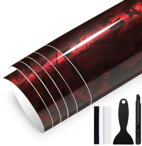 GRTHTATI 150cm x 30cm Forged Carbon Autofolie Selbstklebend Auto Folie Blasenfrei mit Luftkanälen Carbonfolie für Auto & Motorrad (Rot Glanz, 30cm x 150cm)