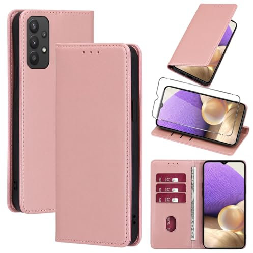 Vauki Coque Cuir pour Samsung Galaxy A32 5G 6.5 avec 1 Verre Trempé Etui à Rabat en PU Porte-Cartes Portefeuille Support Flip Housse Magnétique Antichoc Anti-Rayures Case,Rose_Gold