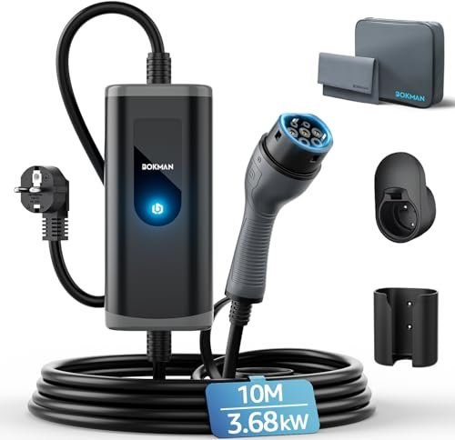 bokman Chargeur Voiture Electrique, (16A, 3.68kW, 10m) Type 2 EVSE Portable Recharge Voiture Electrique Compatible avec Model 3, Model Y, EX30, XC60, Q4, MG4, 208EV et PHEVs