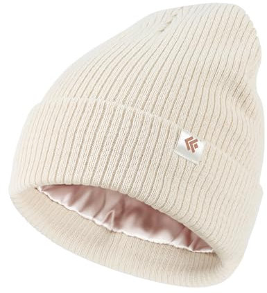 Creekstone Satin Gefütterte Wintermütze Unisex Slouchy Beanie für Haar, Warme Wollmütze Satin Lined Beanie Mütze für Damen Herren (DE/NL/SE/PL, Alphanumerisch, Einheitsgröße, Beige)