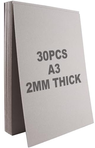 SHUESS A3 Greyboard 30 Sheets - 2000 Micron A3 (29.7 X 42 cm) Mount Board - Double-Side Grey Board - Thick Cardboard for Model Making, Thick 2 MM