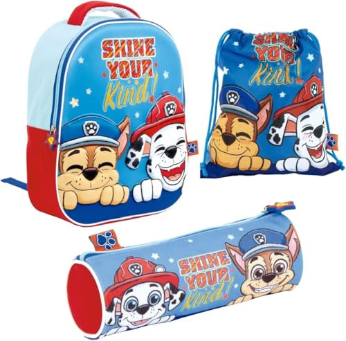 Kinderrucksack 3D + Paw Patrol Federmäppchen + Snacktasche Paw Patrol | Schulpack für Kinder