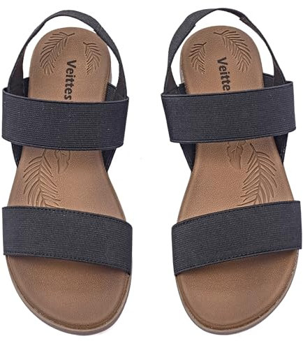 Veittes Sandales femme confortable décontracté cheville élastique sangle double bandes chaussures d’été plates.(2107021,BK/MF,44)