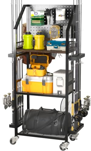 SOYEEZE Supporto per canna da pesca per garage – Supporto per 12 canne da pesca con ruote e pannello forato, stoccaggio e organizzazione per canne, scatole per attrezzature, mulinelli e altri attrezzi