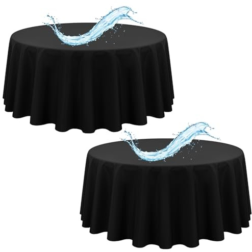2 Stück Tischdecke Schwarz, 229 cm Tischdecken, Wasserabweisend Polyester Schwarze Tischdecke für Runde Tische, Wasserabweisend Tischdecke Rund für Party, Hochzeit, Essen