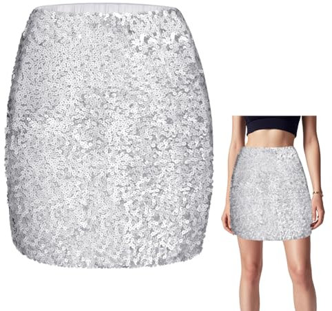 OFFCUP Glitzer Rock Pailletten Rock Pailettenrock Für Damen Kurz Damen Sexy Midi Skirt Bleistiftrock Hüftrock mit Elastische Taille Party Rave Skirt Outfit Wickelrock Röcke für Damen -Silber
