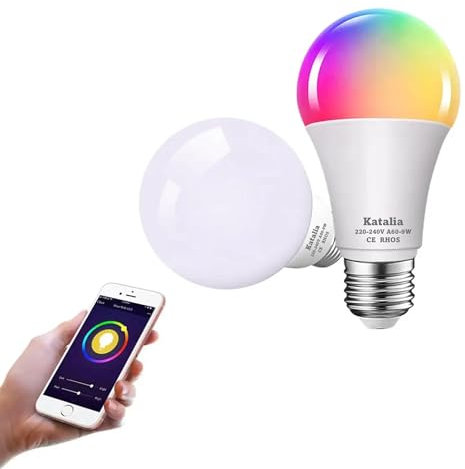 Katalia Bombilla Inteligente E27 9W RGB WiFi Pack 2 Bombillas Inteligentes Control Remoto Alexa Google Assistant y apps Tuya SmartLife Ajuste Brillo y Color Escenas Personalizables Temporizador