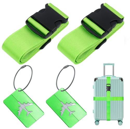 Koffergurt (2 Stück), inkl 2 Namensschildern, rutschfest Einstellbare Kofferbänder mit, Für Schnell erkennen Gepäck Reisetasche Koffer, 5 x 200cm, Grün