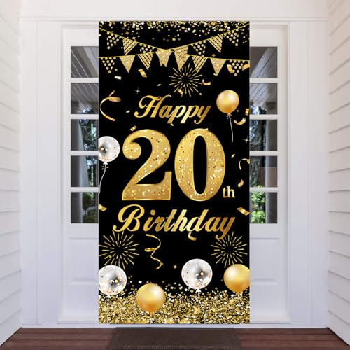 20. Geburtstag Banner Schwarz Gold, 20 Jahr Geburtstag Deko Tür Hintergrund für Männer Frauen, Großer Stoff 20 Geburtstag Party Dekoration Türbanner für Tisch Wand Dekoration, 180 x 90cm