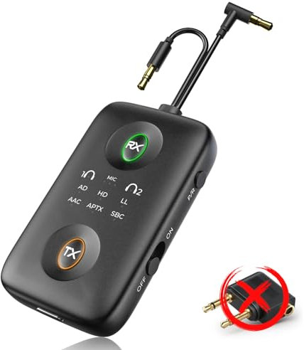 TQPXZO Bluetooth 5.4 Transmitter y Receptor Bluetooth Jack 3.5 mm con Doble clinge, 2 en 1 para avión, TV, Coche y estéreo, Divisor Bluetooth para 2 Auriculares