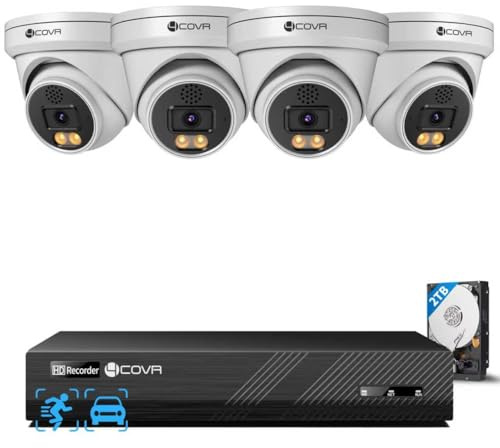 4COVR 12MP Überwachungskamera Aussen Set, NVR mit 2TB HDD, DLY97KAAM0804 | 4×12MP Dome PoE IP Kamera mit 2-Wege Audio, KI Personen-/Fahrzeugerkennung & Smart Farb-Nachtsicht, 8CH Ultra HD NVR