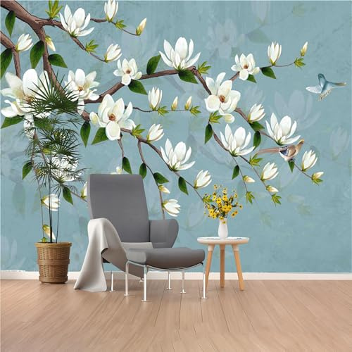 Custom Size Wall Murals, White Magnolia Flower Painting Self - Adhesive Wall Fabric (NO PVC) Removable Large Photo Wallpaper for Living Room, Bedroom,Office