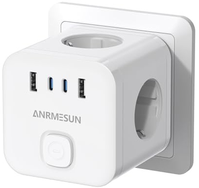 Ladron Enchufes con USB 7 en 1 Cubo Enchufe, Enchufe Multiple Pared 3 Tomas de CA, 2 USB A 2 Tipo C 3840W con Interruptor, Cubo Regletas de Poder para Hogar Oficina Viajar