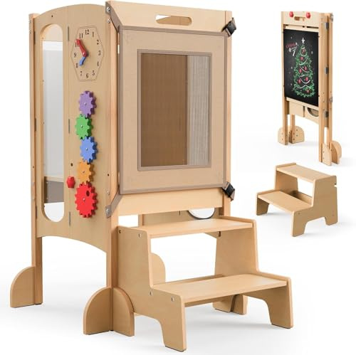 SOFTHOM Lernturm Klappbar, Lernturm ab 1 Jahr mit Tafel,Montessori Tower für Kinder, 5-in-1 Lernleiter Platzsparend, 360° Sicherheitsnetz, Höhenverstellbar mit Fußstütze, Vormontiert
