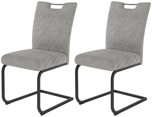 JIEXI Esszimmerstühle 2er Set – Freischwinger Polsterstuhl mit extra dickem Sitzkissen & gesteppter Rückenlehne, Schwarze Metallbeine, Stoffbezug Grau, 150 kg, für Esszimmer Küche Wohnzimmer,Hellgrau