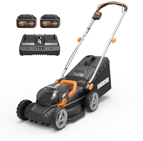 WORX Cordless Lawn Mower, 14 40V Electric Mower with Brushless Motor, Lightweight 2 in 1 Push Lawn Mower with 6-Position Height Adjustment for Small Yards, 2 Batteries & Charger Included, WG735