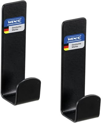 WENKO Turbo-Loc Wandhaken Mod. Lizan, 2er-Set, aus Edelstahl, rostfrei, selbstklebend, Starke Haftung bis zu 10 kg, Wandmontage ohne Bohren, Klebehaken in Bad & Küche, Handtuchhaken, schwarz matt