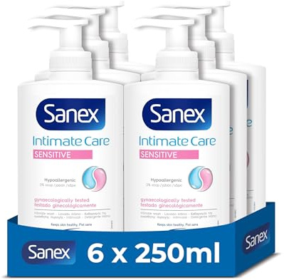 Sanex, Jabón Íntimo Mujer Sensitive Hipoalergénico, Pack 6x250ml | Gel higiene íntima mujer, pH neutro, 0% Sulfatos, Sin jabón, Frescor todo el día, Testado ginecológicamente