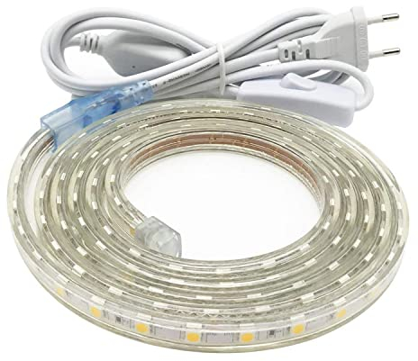 230V LED Streifen, Hell 1M Led Strip, IP65 Wasserdicht LED Lichtleiste, 60 LEDs/m Led Leiste mit Schalter Selbstklebend Lichtband Beleuchtung für Küche, Schrank, Regale, TV Beleuchtung, 6000K, Weiß