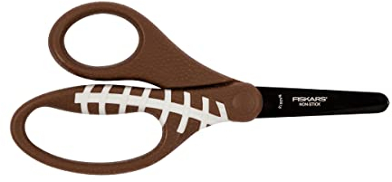 Fiskars Kinderschere mit Rugbymotiv, Ab 6 Jahren, Länge: 13 cm, Für Rechts- und Linkshänder, Rostfreie Stahl-Klinge/Kunststoff-Griffe, Braun, 1023914