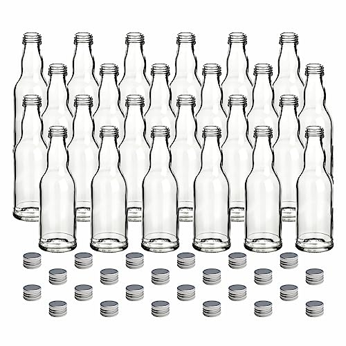 gouveo 24er Set Glasflasche 200 ml Kropfhals mit Schraubverschluss silberfarben - Kleine Flaschen für Likör, Saft, Essig und Öl - Flaschen-Set (FKT200S)