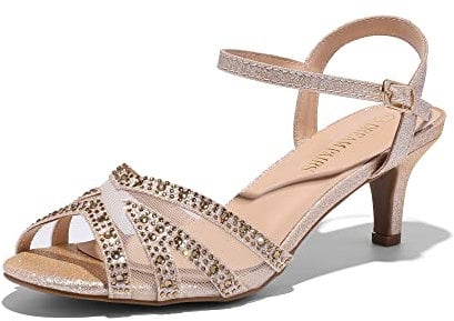 DREAM PAIRS Womens Wedding Prom Bridal Shoes Ladies Ankle Strap Peep Toe Low Kitten Heels Sandals Party Occassion Dress Shoe,GOLD Size 7 UK, NINA-166