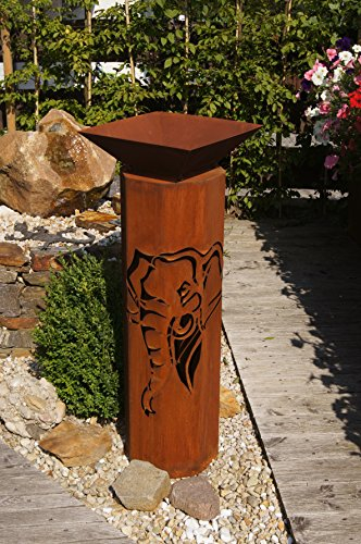 8-Eck Säule Elefant + Schale Classic Edelrost Rost Metall Gartendeko Garten Stele