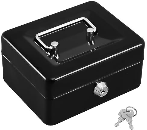 Caisse à monnaie verrouillable avec plateau à billets, tirelire portable en métal avec double couche et 2 clés pour la sécurité, boîte à verrouillage, 15 x 12 x 8 cm, noir