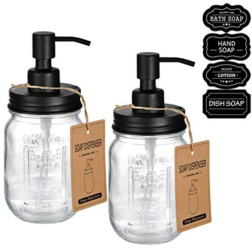 Amolliar Mason Jar Liquid Soap Dispenser - Rustproof Stainless Steel Replacement - Farmhouse Decor for Kitchen/Bathroom - Black - 2 Pack