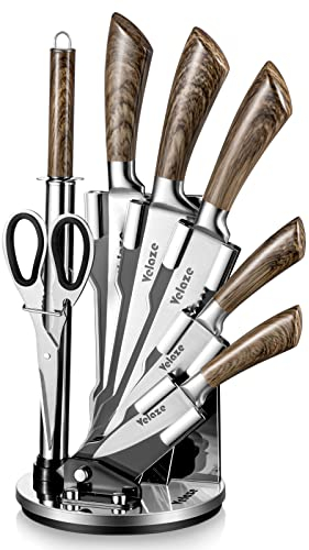 Velaze Set de Couteaux Cuisine, Couteaux en Acier Inoxydable de 8 Pièces, Bloc Couteaux Professionnels avec Support, Aiguiseur et Ciseau, Set de Couteaux de Cuisine avec Manche Ergonomique