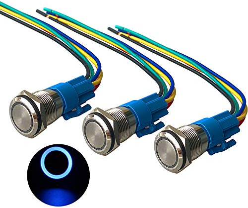 QitinDasen 3Pcs Premium 12V / 24V 5A Momentan Druckschalter, 16mm Auto Zündungs Startschalter, Blaues LED Licht Edelstahl IP67 Wasserdichter Schalter mit Steckdosendraht