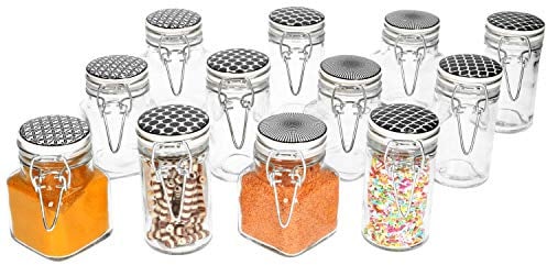 MamboCat 12er Set Vorratsgläser mit Bügelverschluss 90 ml Takeo I Vielseitige Bügelgläser klein Gewürzgläser eckig & rund I Aufbewahrungsgläser mit Porzellan-Deckel schwarz-weiße Retro-Motive