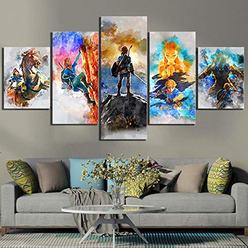Leinwanddrucke,5 Stück Anime-Spiel The Legend of Zelda Leinwand Malerei Moderne Modulare Bild Poster Home Wandkunst Dekoration (Kein Rahmen) Größe L