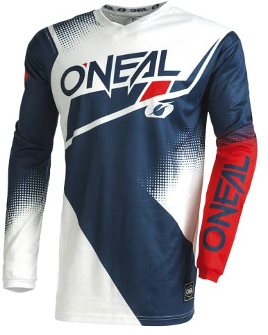 O'NEAL | Motocross-Jersey Langarm | MX Enduro | Gepolsterter Ellbogenschutz, V-Ausschnitt, atmungsaktiv | Element Jersey Racewear V.22 | Erwachsene | Blau Weiß Rot | Größe S