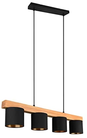 Reality Leuchten Pendelleuchte Cameron R30654002, Metall Schwarz matt, Stoffschirm schwarz,goldfarbig, Holz, exklusiv 4x E14