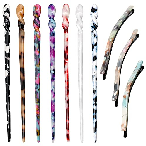 SAVITA 10 Pcs Bâtonnets de Cheveux en Acétate, Épingles à Cheveux Courtes, Rétro Motifs Imprimés Léopard Vintage Baguettes à Cheveux Fournitures de Coiffure pour Chignon Femme (10 Couleurs, 2 Styles)