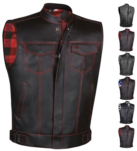 SOA Motorcycle Vest for Men, Premium Buffalo Leather, Back Armor, Inside Pockets, Biker Riding Club Vests Flannel Red S