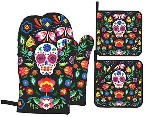 Mexican Skull Skeleton Floral Oven Mitts and Pot Holders Set of 4, Oven Mittens and Potholders Heat Resistant Gloves for Kitchen Cooking Baking Grilling BBQ