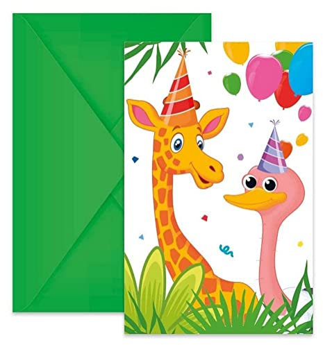 Procos 93788 - Einladungen Jungle Balloons, FSC® Mix, 6 Stück mit Umschlag, Geburtstag, Mottoparty, Dschungel, Ballons