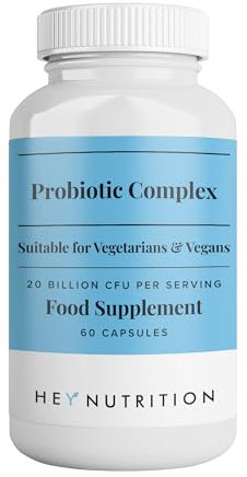 Hey Nutrition Probiotic Complex Supplement - 20 Billion CFU - Suitable for Vegetarians & Vegans - Supports Gut & Skin Health, Improves Immune Response - UK Manufactured - 60 Vegan Capsules