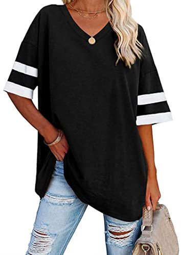 Voopptaw Summer Oversized T Shirt for Women Casual V Neck Striped Half Sleeve T Shirt Tops Women Loose Fit Black XXL