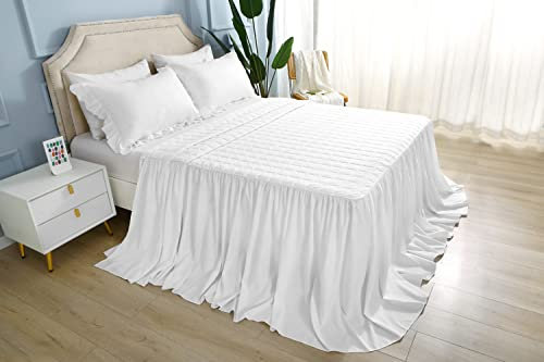 Meaning4 Weißer Rüschen Volant Tagesdecke,Bettüberwurf,gesteppt, leicht, 1 Stück, King-Size,(190X200+75CM Länge) Ohne Kissenbezüge