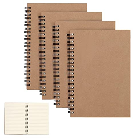 CYH 4 STK Notizbuch A5 Spirale Notizblock, Kraft Cover (100 Seiten/50 Blattt) Skizzenblock Tagebuch Skizzenbuch Classic Schreibblock Zeichenblock Sketchbook Notepad, für Reisen Schule - Liniert