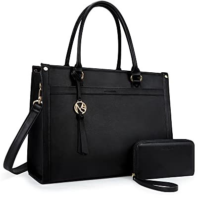 Missnine Borsa a mano da donna per computer portatile da 15,6 pollici, borsa a tracolla da donna, in pelle, set da 2 pezzi, Nero