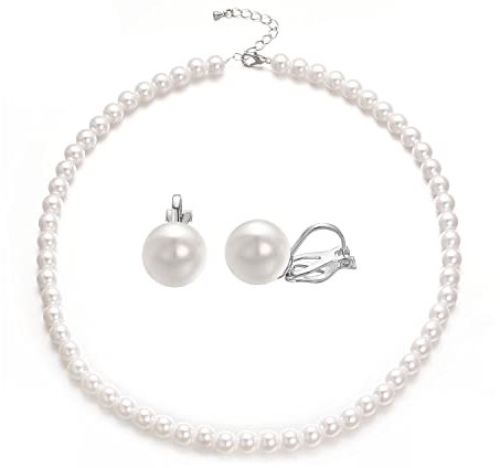 Aleasha Parure de bijoux en perles blanches pour femme avec collier et boucles d'oreilles en oxyde de zirconium imitation perle Cadeau de mariée 8-10 mm 45 cm, 10 mm, Perle de verre, Perle de verre