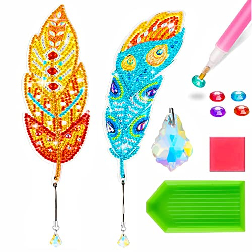 2 Stück Diamond Painting Kinder Feather Bastelset,DIY Diamant Lesezeichen Mitleuchtender Anhänger,Lesezeichen Basteln Geschenk für Erwachsene Kinder,Geschenke für Mädchen für 6-12 Jahre