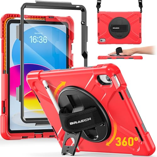BRAECN Funda para iPad de 10ª generación 2022 de 10.9 pulgadas, resistente y resistente con protector de pantalla, correa de hombro para iPad 10 Gen, color rojo